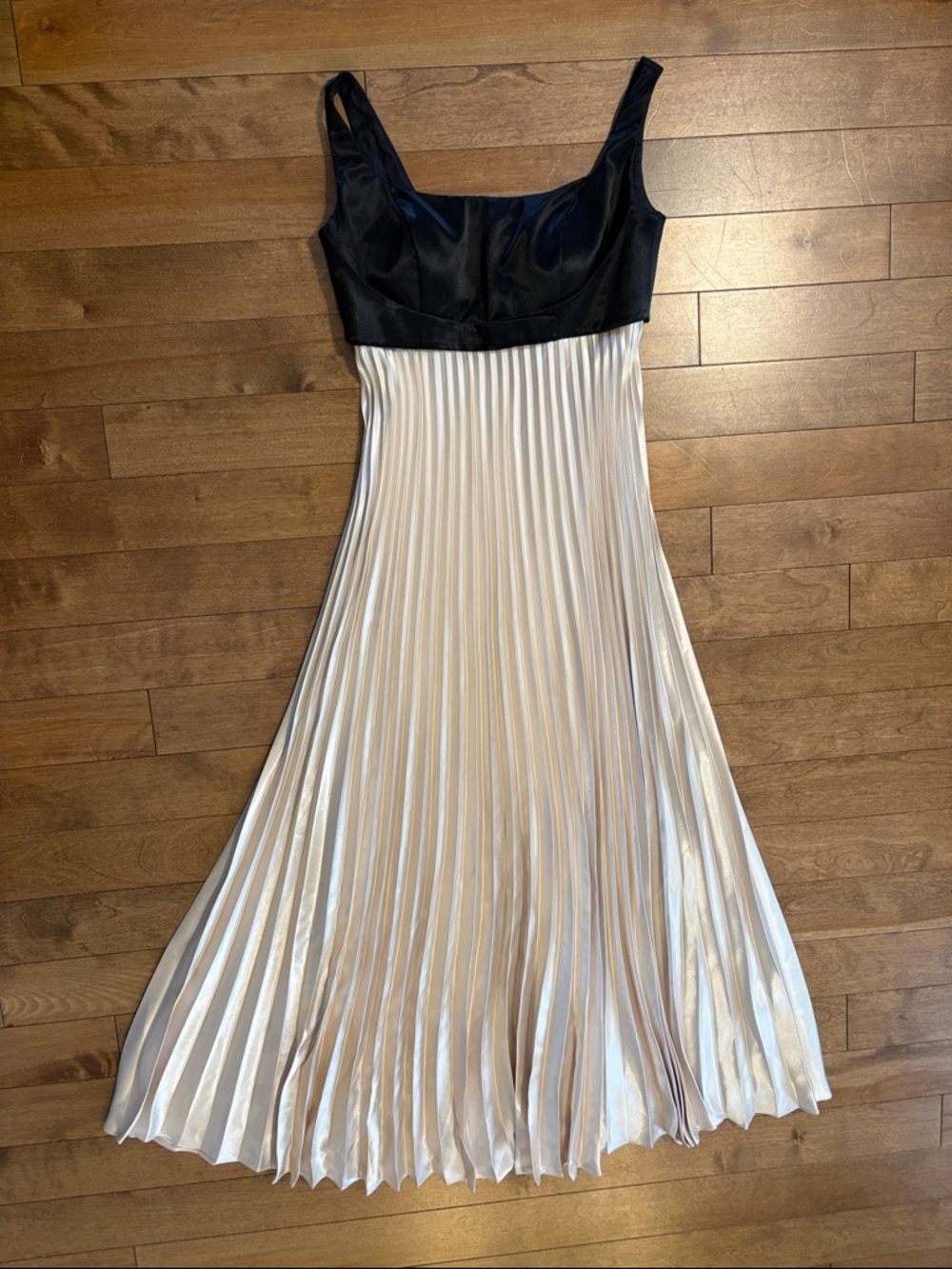 Vintage Black and Cream Satin Pleated Maxi Dress
